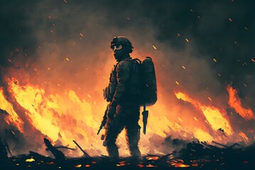 a soldier with his gun standing against fire background and looking at viewer, digital art style, illustration painting, Generative AI