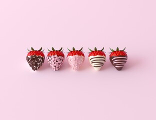 Tasty strawberry dipped in chocolate on pastel pink background, top view. Sweet strawberries covered in chocolate, fondue snack. Strawberries in pink, white, milk and dark choco.3d render illustration