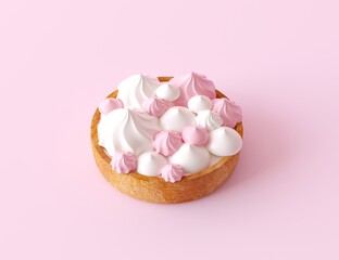 Fototapeta na wymiar Tartlet with delicate little meringues in white and pink colors, top view. Sweet dessert for the bakery, isolated on a pastel pink background. 3d render illustration.