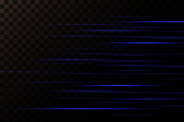 Set of blue lines, laser beams, bright light beams with sparkles and dust on a transparent background. vector illustration