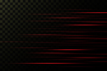 A set of red lines, laser beams, bright light beams with glitter and dust on a transparent background. vector illustration