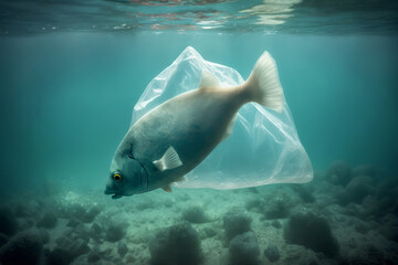 Ocean plastic pollution. A fish with plastic bag in the ocean. Generative ai