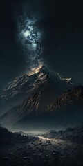 Fototapeta na wymiar high mountain pass in dramatic misty cloud atmosphere, moonlight starry sky Generative AI