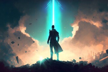 Fototapeta premium futuristic man standing and looking at the sky with a strange beam of light. digital art style, illustration painting, Generative AI