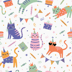 Birthday party background with cute cats. Seamless funny pattern with cats, gift box, cake and birthday caps. Hand draw cute cats in doodle style. For textiles, clothing, bed linen, office supplies.