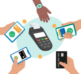 Mobile payment transfer. POS terminal for contactless pay. Wireless contactless NFC payments. Mobile banking app and e-payment.