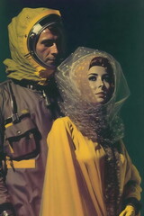 vintage painting of man and woman with yellow head coverings, created with generative ai