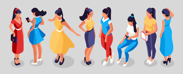 Modern women in different poses and outfits, a womans' clothing fashion illustration. Isometric view - 577408938