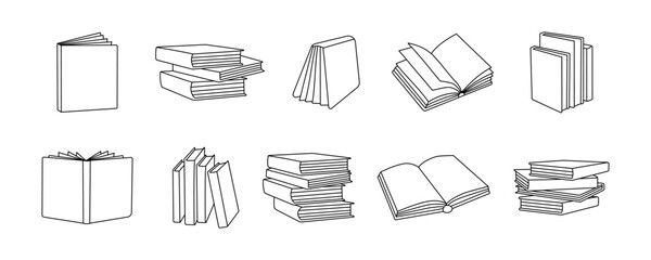 Books outline sketch set. Bookstore, library line symbols. Pile of books silhouettes. Closed and open books. Library, book shop icons. - 577408949
