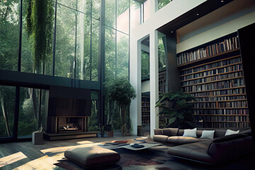 Fototapeta premium AI Generativa Interior of a modern living room in a very spacious and elegant house with a large bookcase on the wall.