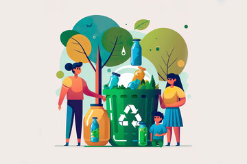 AI illustration of a whole family recycling