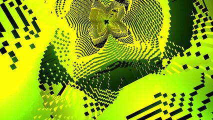 Fractal abstract spinning tunnel. Design. Rotating space of 3d bricks of contracting green and black colors.