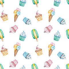 Watercolor seamless pattern. Hand painted illustration of cupcakes with blueberry, sprinkles, cherry, cream. Muffins. Ice cream, popsicle. Print on white background in blue, green, pink, yellow color