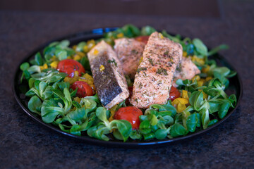 ready to eat - lamb's lettuce, cherry tomatoes, yellow paprika, herbs and roasted salmon on a black plate