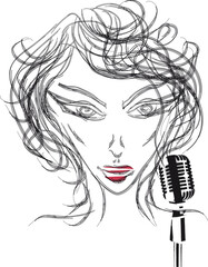 Modern woman jazz singer with slightly curly hair, sketch, drawing