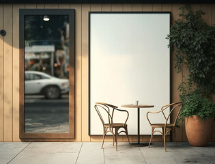 Aesthetic Cafe Exterior Design with Blank Poster - Created with Generative AI