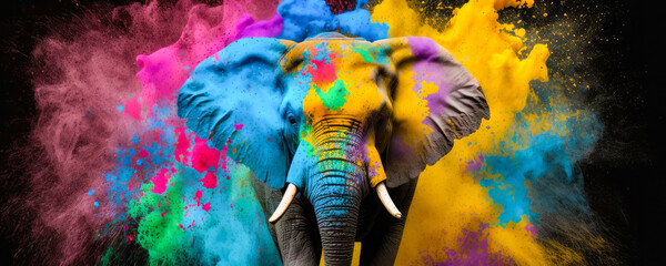 Obraz na płótnie Canvas Elephant Happy Holi colorful, festival of colors, powder explosion background