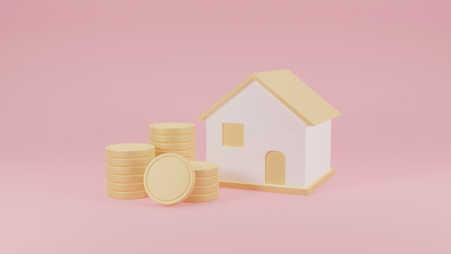 House and coins on pink background. Home for sale house for rent concept. Business loans for real estate concept. Residential finance economy. Home property investment. Saving money. 3d rendering