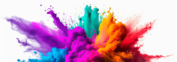Fototapeta na wymiar Multicolored explosion of rainbow holi powder paint isolated on white background. Panoramic view. Generative AI