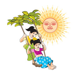 Sinhala new year girls swing vector drawing