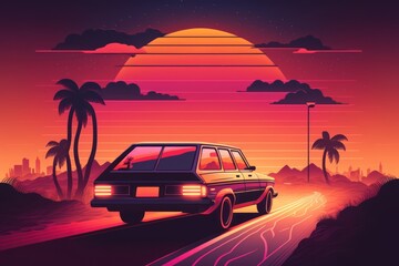 Fototapeta na wymiar 80s retro design old car in sunset- Generative AI