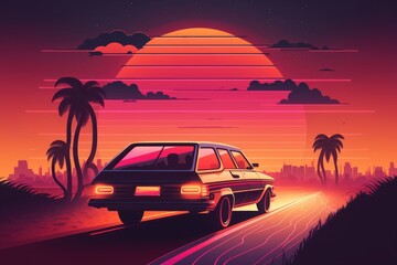 80s retro design old car in sunset- Generative AI
