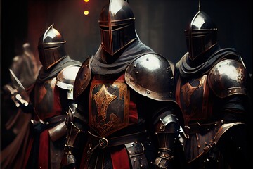 Medieval formidable knights prepare for historical battle. A historical medieval concept. Generative AI Art.