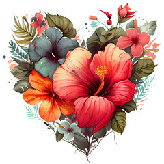 heart shaped hibiscus bouquet, Romantic heart vignette made of vintage flowers and leaves of hibiscus in gentle retro style watercolor painting, PNG transparent background, generative AI.
