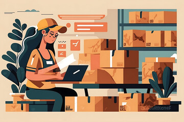 Fototapeta na wymiar Flat vector illustration Female warehouse worker or store clerk packing e-commerce shipping order boxes for shipping, preparing postal express package, dropshipping shipping service... 