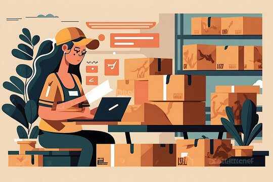 Flat vector illustration Female warehouse worker or store clerk packing e-commerce shipping order boxes for shipping, preparing postal express package, dropshipping shipping service...  