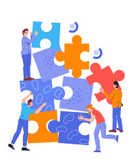 Business team efficient work and collaboration metaphor. Business people connecting puzzle elements, flat vector illustration isolated on white background.