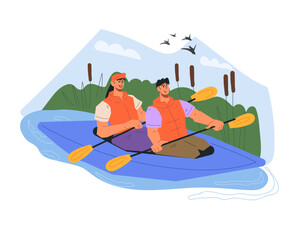 Happy active young couple rafting in kayak or canoe, flat vector illustration isolated on white background. People doing outdoor activities and sports on the river.