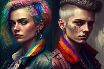 Obraz premium Two women. Lesbian rights, portrait. Beautiful colorful picture. Conception of human portrait. Generative AI