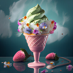 gelato di primavera con fiori e crema, generative ai