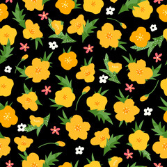 Cute seamless pattern with yellow buttercup ranunculus flowers on black background. Ditsy Spring Floral background for fashion prints, greeting card, fabric, wallpaper or wrapping paper