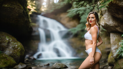 Beautiful woman in a swimsuit by the waterfall. Woman hiking. Generative AI