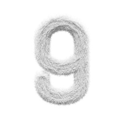 white number 9 Fur 3D element render, Typography fluffy style
