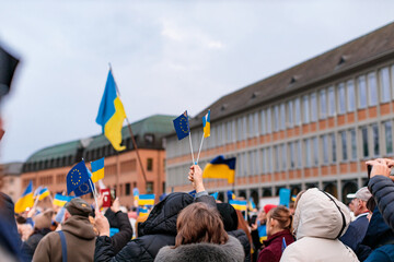 political demonstration with posters in Europe in support of Ukraine	