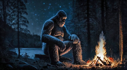 Bigfoot at a campfire in the forest by generative AI - obrazy, fototapety, plakaty