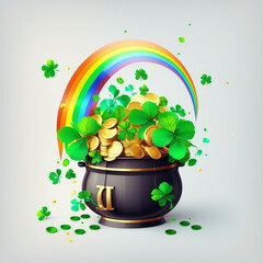 金貨の壺、クローバーの葉、虹をあしらったバナーです。聖パトリックの日コンセプトGeneretiveAI