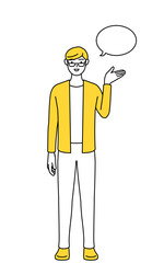 ふきだしつき、案内をするカジュアルな格好をした若い男性