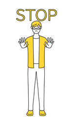 ストップの合図、体の前に手を突き出すカジュアルな格好をした若い男性
