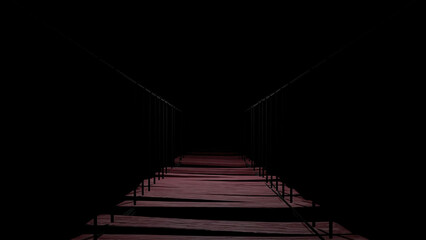 Abstract wooden bridge with rare planks on a dark background. Design. Bridge to nowhere into the dark, endless road of life.