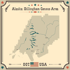 Large and accurate map of Dillingham Census Area, Alaska, USA with vintage colors.