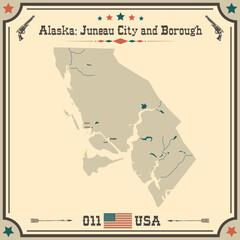 Obraz premium Large and accurate map of Juneau City and Borough, Alaska, USA with vintage colors.