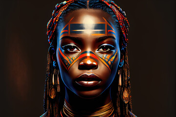 Generative AI illustration of a portrait of an African woman from an indigenous tribe with a painted face and long hair in African braids