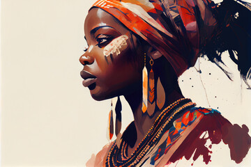Generative AI Illustration of a portrait of an African woman from an indigenous tribe with a painted face and a headscarf on a white background.