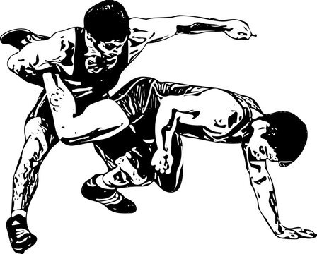 silhouette of wrestlers, Vector Black and White Freestyle Wrestling Illustration,  silhouettes athletes wrestlers in wrestling