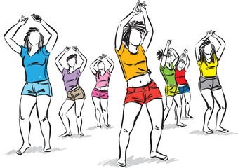 workout people women fitness exercises dancing together vector illustration