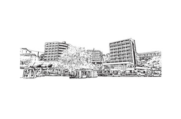 Building view with landmark of Portoroz is a resort town in Slovenia. Hand drawn sketch illustration in vector.